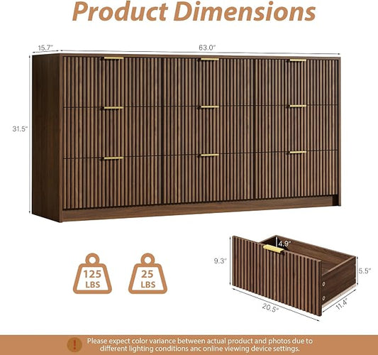 MAISONARIA 3-Piece Dresser Bedroom Set, 9 Drawer Dresser & 2 Drawer Nightstands with Gold Handles, Fluted Wood Chest of Drawers for Bedroom, Living Room, Entryway, Walnut