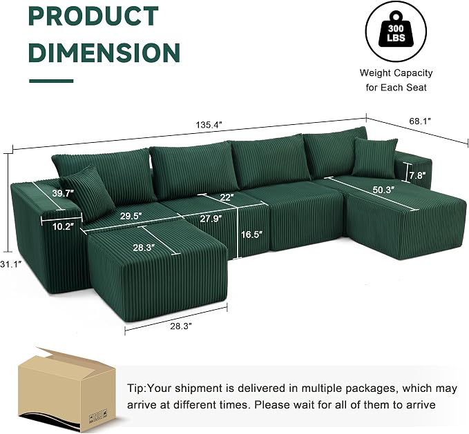 Weture 135.4" Cloud Couch Sectional, Modular Sectional Sofa with Deep Seat, Plush Corduroy U Shaped Boneless Couch, Convertible Sectional Couches for Living Room, 6Seat, Green