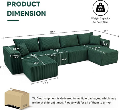 Weture 135.4" Cloud Couch Sectional, Modular Sectional Sofa with Deep Seat, Plush Corduroy U Shaped Boneless Couch, Convertible Sectional Couches for Living Room, 6Seat, Green