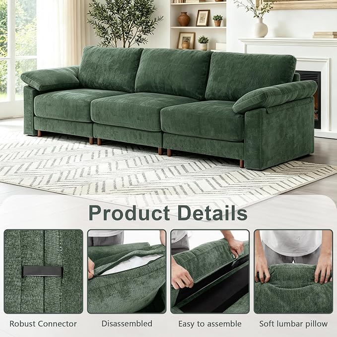 Oversized L Shaped Sectional Couch for Living Room, Extra Large Deep Seat Modular Sectional Sofa with Washable Covers, Modern Cloud Couch for Apartment, Bedroom (Green, 3 Seater)