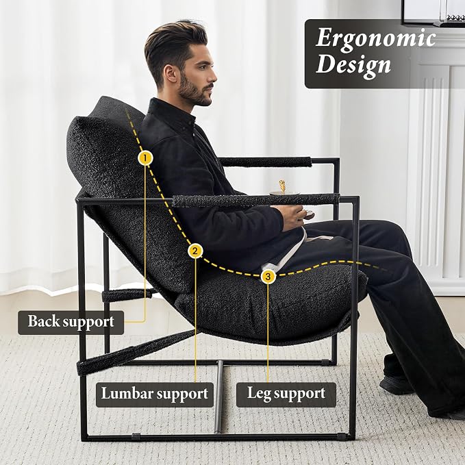 Furnilivng Large Sling Accent Chair, Comfortable Boucle Fabric Arm Chair, Upholstered Cozy Reading Chair for Living Room, Bedroom, Dressing Room, Home Office (Black, Set of 1)