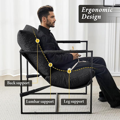 Furnilivng Large Sling Accent Chair, Comfortable Boucle Fabric Arm Chair, Upholstered Cozy Reading Chair for Living Room, Bedroom, Dressing Room, Home Office (Black, Set of 1)