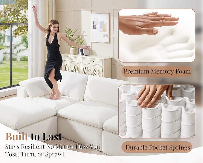 Jocisland 120" Cloud Modular Sectional Sofa, No-Assembly Oversized Chenille Couch with 76.4" Extra-Deep Chaise, Modern White Cloud Couch for Living Room