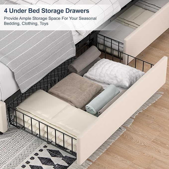VECELO Full Size Platform Bed Frame with Type-C & USB Charging Stations/4 Storage Drawers, Upholstered Adjustable Headboard, Strong Wooden Slats Support, No Box Spring Needed, Easy Assembly