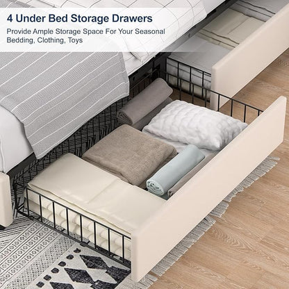VECELO Full Size Platform Bed Frame with Type-C & USB Charging Stations/4 Storage Drawers, Upholstered Adjustable Headboard, Strong Wooden Slats Support, No Box Spring Needed, Easy Assembly
