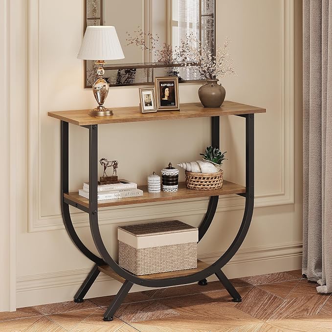 Trironsun 3 Tier Console Table with Storage 30" Height Entryway Table with Open Shelves Industrial Sofa Table Behind Couch for Living Room Hallway Entrance (Rustic Brown)