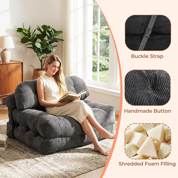 Folding Sofa Bed, Convertible Sleeper Chair with Back Support and Pillow Futon, Boneless Matress, for Living Room/Guest Use/Home Office, Foldable Chair Bed for Adults, Dark Gray, Full