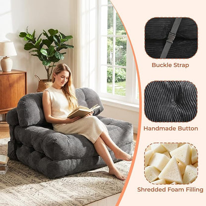 Folding Sofa Bed, Convertible Sleeper Chair with Back Support and Pillow Futon, Boneless Matress, for Living Room/Guest Use/Home Office, Foldable Chair Bed for Adults, Dark Gray, Full