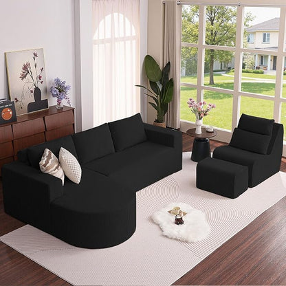 104.92" L-Shaped Corduroy 3 Piece Sofa Set with Single Lounge Chair & Ottoman, Modular Compressed All Foam Couch, Freely Movable Footrest, Minimalist Large Living Room Furniture