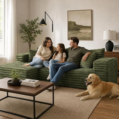 2" Corduroy Boneless Couches for Living Room, L Shape Sofa with Chaise | 102.4" Modular Sectional Sofa, Cloud Couch Sectional with Deep Seat, No Assembly, Green, Left Chaise