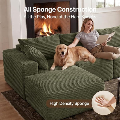 Claiks 132" Boneless Couch, Cloud Couch Sectional, U-Shape Corduroy Modular Sectional Sofa Deep Seat, Upholstered Couches for Living Room, No Assembly Required, Green