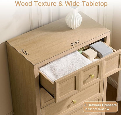 5 Drawers Dresser for Bedroom, 45.7" Tall Large Dresser & Chests of Drawers with Metal Handle, Clothes Storage Organizer w/Natural Texture for Bedroom, Living Room,Natural