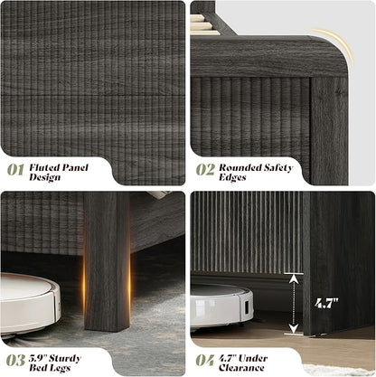 AMERLIFE 3-Piece Modern Fluted Bedroom Furniture Set, Including Wood Queen Size Bed Frame with Headboard & Footboard and Storage Night Stand Set of 2, Wooden Bedframe and Nightstand Sets, Black