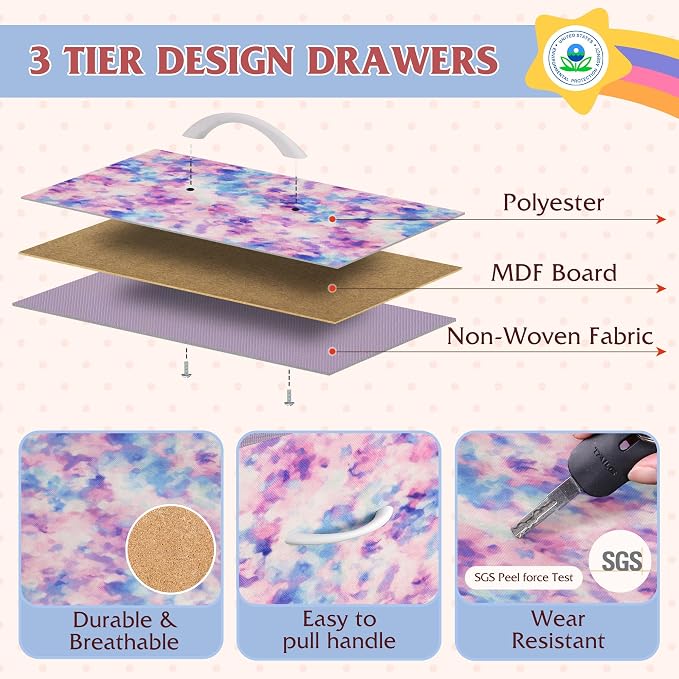 WLIVE Dresser TV Stand for 45, 50, 55 inch TV, Entertainment Center with LED Lights & Charging Station, Chest of Drawers with 9 Fabric Drawers for Living Room, Tie-dye Print (Pink, Purple, Blue)