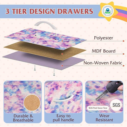 WLIVE Dresser TV Stand for 45, 50, 55 inch TV, Entertainment Center with LED Lights & Charging Station, Chest of Drawers with 9 Fabric Drawers for Living Room, Tie-dye Print (Pink, Purple, Blue)