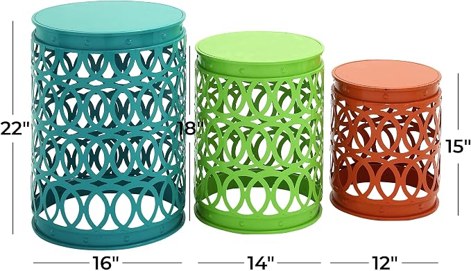 Deco 79 Metal Accent Table, 22", 18", 15"H, Matte Multi Colored | Small outdoor table style, set of 3 accent tables, outdoor end tables for patio, laser cut iron