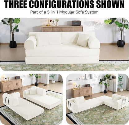 78.8" Memory Foam Boneless Couch, Corduroy Floor Sofa Bed, Convertible Sleeper Futon Loveseat, Wide Armrests & Back Support, Supports Up to 1200 lbs, Couch in a Box with 2 Pillows, Lvory