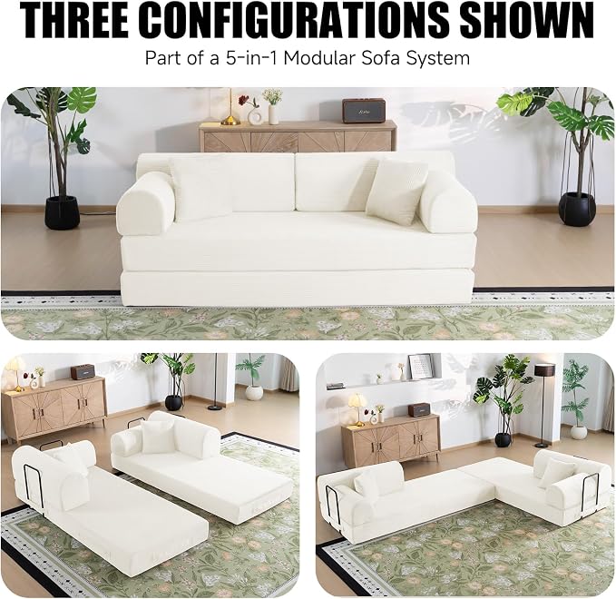 79" Corduroy Sofa Bed, Boneless Couch in a Box with 2 Pillows, High-Density Foam 4-in-1 Foldable Sleeper Futon Loveseat for Small Spaces, No Assembly, Side Pockets, Round Arm White