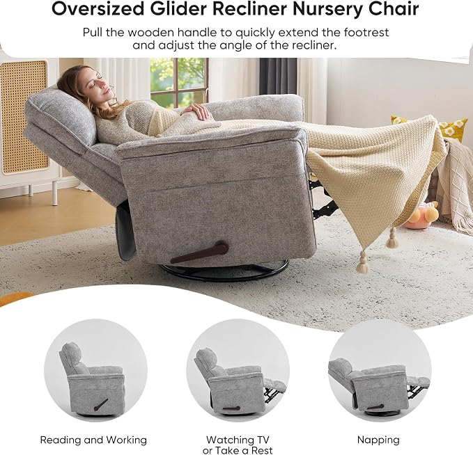 Rocking Chair Nursery with Adjustable Headrest,Manual Swivel Rocker Recliner Nursery Chair with Overstuffed Armrest,Glider Rocker Recliner for Living Room & Bedroom,Light Grey
