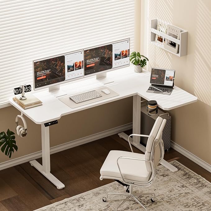 Acrolix L Shaped Electric Standing Desk - 59x40 Inch Reversible Corner Sit Stand Desk with Hook&Cup Holder,Electric Height Adjustable Table,for Home Office Gaming Computer Desk, White