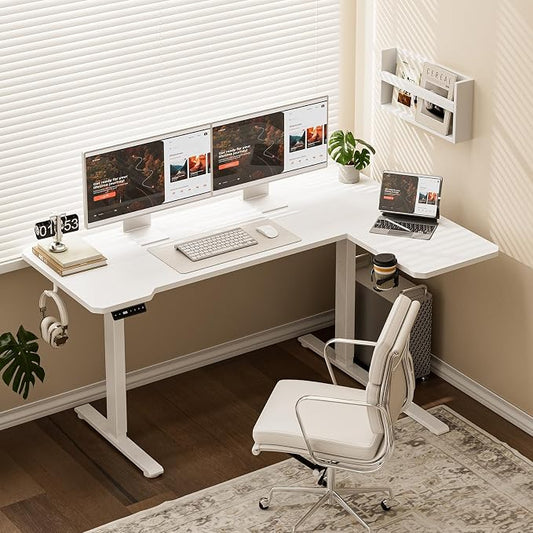 Acrolix L Shaped Electric Standing Desk - 51x31.5 Inch Reversible Corner Sit Stand Desk with Hook&Cup Holder,Electric Height Adjustable Table,for Small Home Office&Bedroom Computer Desk, White