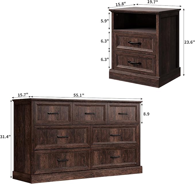 Tradare 3 Pcs Farmhouse Dresser and Nightstand Sets for Bedroom, 7 Drawer Dresser & Nightstand Set of 2, Rustic Wooden Chest of Drawers Wide Storage Organizer for Bedroom, Brown