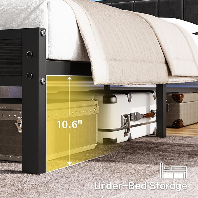 OLEVS Full Size Bed Frame with LED Lights & Charging Station, Modern Platform Bed with Upholstered Storage Headboard, No Box Spring Needed Easy Assembly