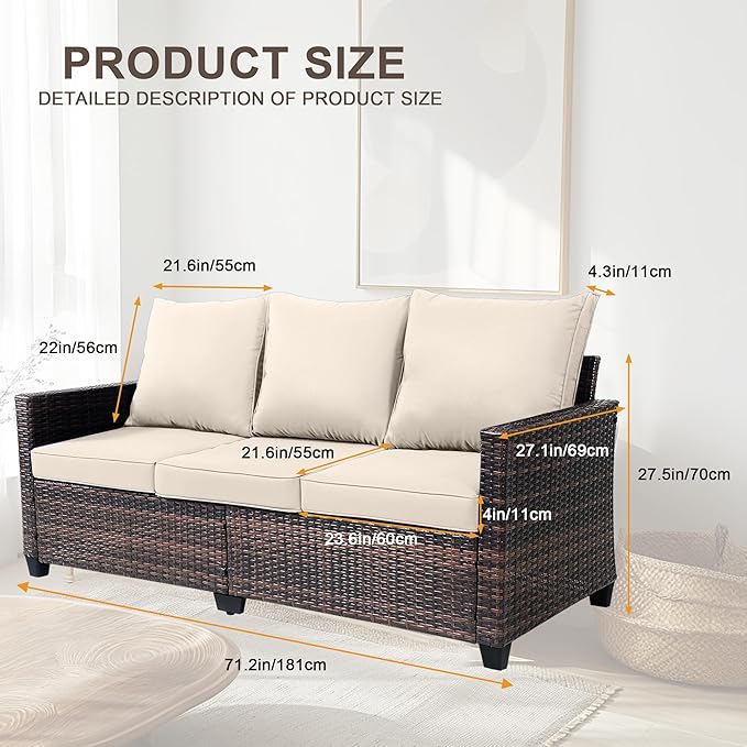 3-Seat Outdoor Sofa, PE Rattan, Beige | High Back Support,Deep Seat Comfort,All-Weather Cushions,For Patio/Garden/Deck,Modern Style