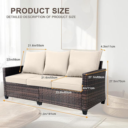 3-Seat Outdoor Sofa, PE Rattan, Beige | High Back Support,Deep Seat Comfort,All-Weather Cushions,For Patio/Garden/Deck,Modern Style