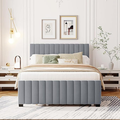 Bellemave Full Bed Frame with Trundle Bed,Velvet Upholstered Platform Bed Frame,Full Size Trundle Bed with Headboard for Kids Teens Adults(Gray)