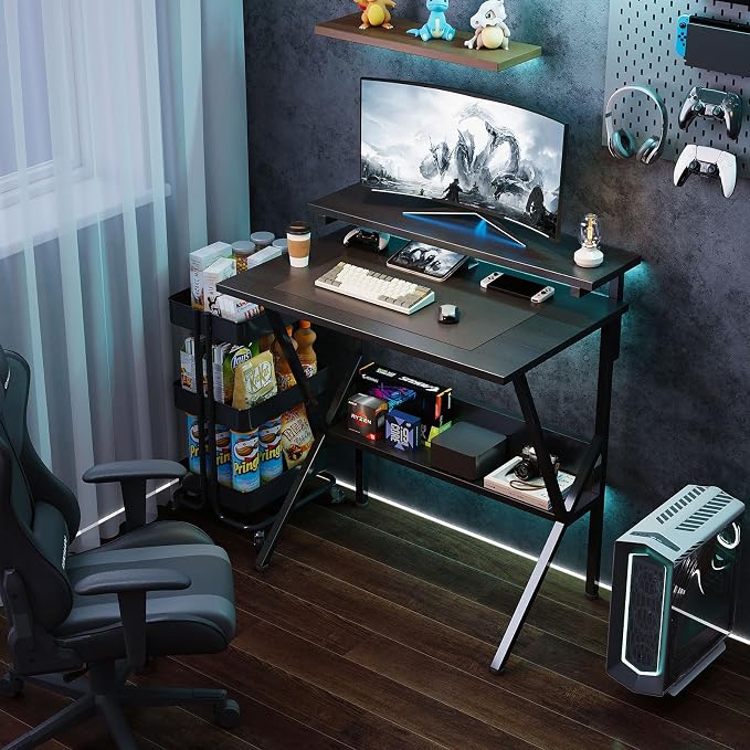 COTUBLR Small Desk, 27.5 Inch Small Computer Desk for Small Spaces, Computer Desk with Adjustable Monitor Stand, Compact Desk with Storage, Tiny Desk Study Desk for Bedroom Home Office, Black