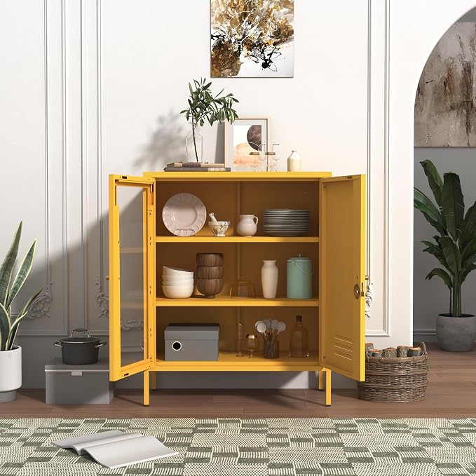 Metal Cabinet Metal Bathroom Storage Cabinet Metal Storage Cabinets with Glass Door and Adjustable Shelves Cabinet Storage for Coffee Bar for Homes, Living Rooms and Offices Yellow 33''H