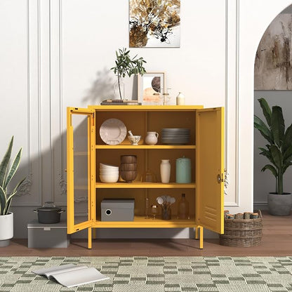 Metal Cabinet Metal Bathroom Storage Cabinet Metal Storage Cabinets with Glass Door and Adjustable Shelves Cabinet Storage for Coffee Bar for Homes, Living Rooms and Offices Yellow 33''H