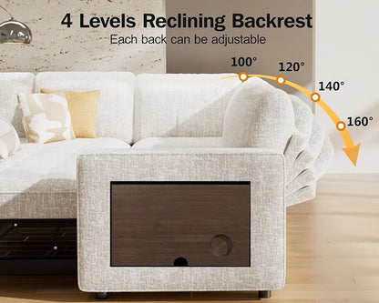 Vipbear 8 Seat U Shaped Modular Sectional Sleeper Sofa with Pull Out Bed/Reclining Backrest/USB Ports/Table/LED Light/Storage Seat, Sectional Sleeper Couch, Tool-Free Assembly, Chenille Beige
