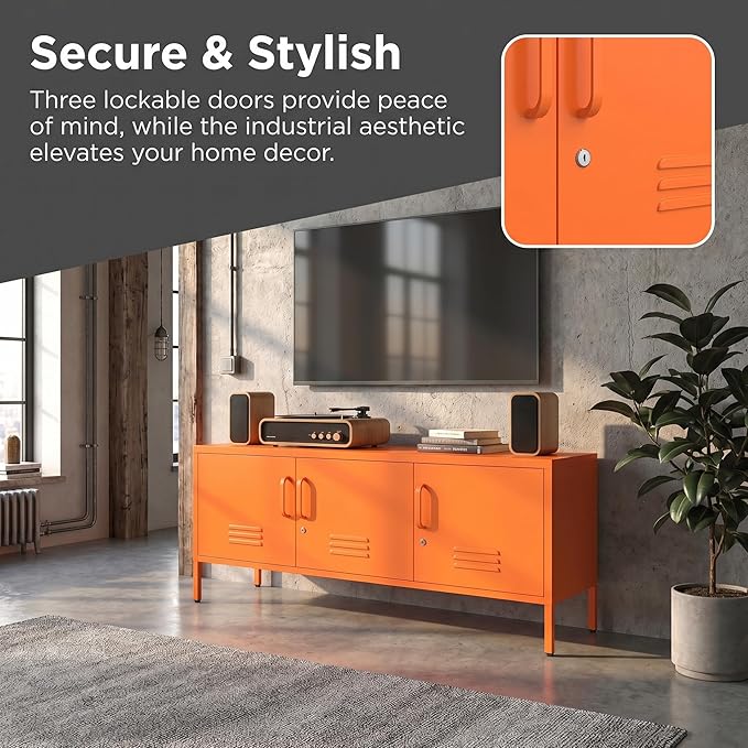 3 Door Lockable Metal TV Stand Storage Cabinet with Accent Cabinet Locker, Wide Heavy Duty Media Console for Large 100+ Inch TVs, Home Office Entertainment Center, Orange 22"H X 47.3"W X 13.8"D