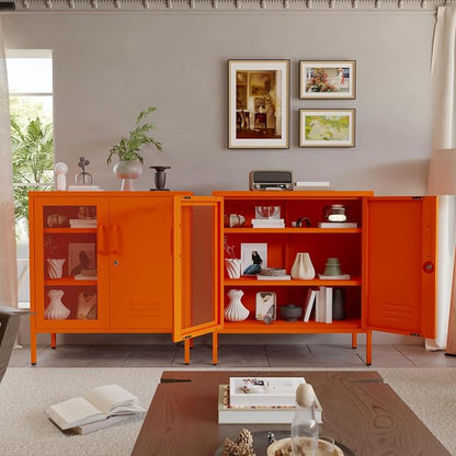 Orange Metal Locker CabinetsMetal Locker Storage Cabinet with Mesh Doors and Adjustable Shelves Coffee Bar Cabinet,Kitchen Pantry Storage Cabinets for Home, Office, Entryway and Hallway ﻿