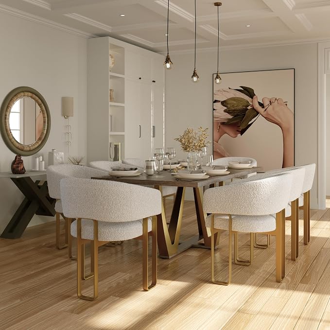 Gold Dining Chair with Arms, Luxury Off White Boucle Upholstered Barrel Dining Room Chairs with Armrest & Brushed Gold Metal Frame for Kitchen(5 PCS)
