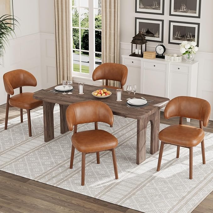 MALOL Wooden Dining Chairs Set of 6, Modern Upholstered Dining Room Chair, PU Leather Kitchen Side Chairs with Curved Open Back for Living Room/Restaurant/Cafe, Brown