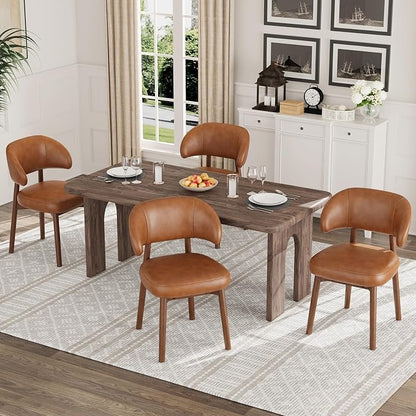 MALOL Wooden Dining Chairs Set of 2, Modern Upholstered Dining Room Chair, PU Leather Kitchen Side Chairs with Curved Open Back for Living Room/Restaurant/Cafe, Brown