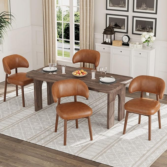 MALOL Wooden Dining Chairs Set of 4, Modern Upholstered Dining Room Chair, PU Leather Kitchen Side Chairs with Curved Open Back for Living Room/Restaurant/Cafe, Brown