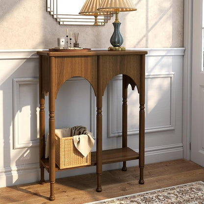 Console Table with Storage Shelf Set of 2, Retro Modern 2-Tier Entryway Table, Narrow Sofa Table with Roman-Style Legs for Living Room, Hallway, Brown