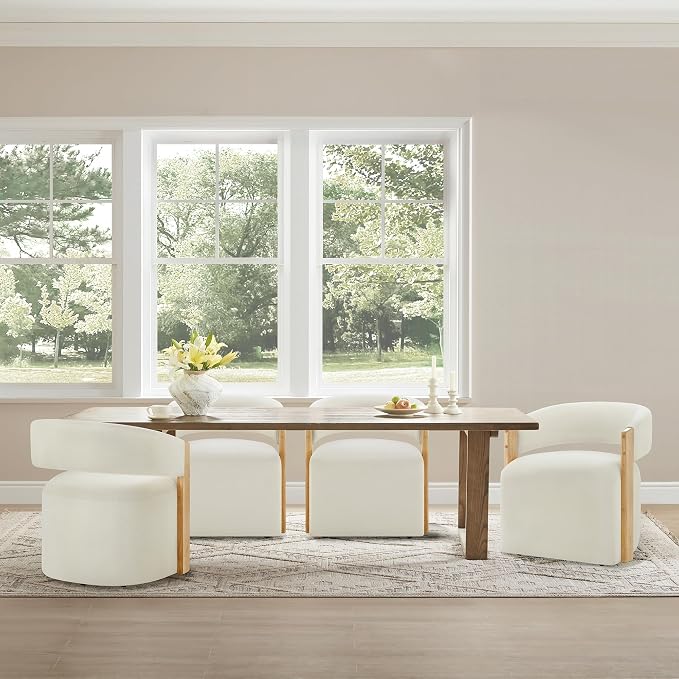 KISLOT Upholstered Dining Chairs Set of 1, Modern Rolling Dining Chairs with Hidden Casters, Wooden Arm Kitchen Chairs with Linen Look Fabric, Padded Barrel Chairs for Dining Room, Kitchen, Linen