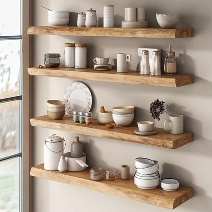 Live Edge Floating Shelves for Wall Decor, Solid Elm Wood Floating Shelves Wall Mounted, Rustic Wall Shelves with Invisible Bracket for Living Room Bathroom Bedroom Kitchen, 55 Inch, Natural