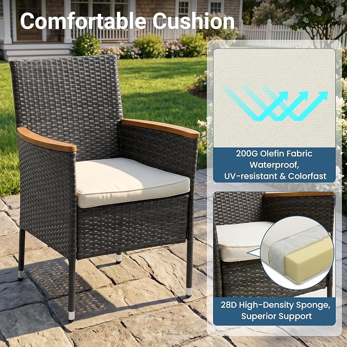Wisteria Lane 5-Pieces Patio Dining Sets, Rattan Outdoor Table and Chairs with Acacia Wood Tabletop, Metal Patio Dining Furniture for 4 with Removable Cushions for Deck Garden Backyard, Grey