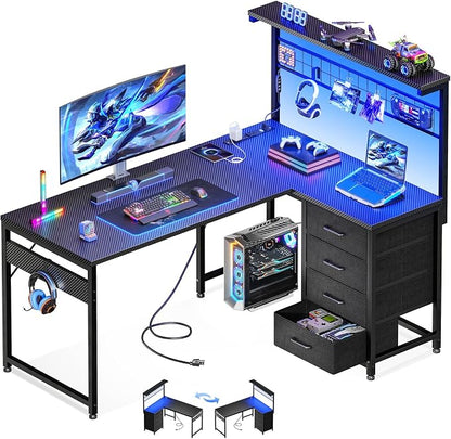 MOTPK 43” L Shaped Gaming Desk for Small Rooms, Compact Corner Computer Table with Shelf & Hutch, 4 Drawers, Reversible Study Desk with LED Light, Power Outlets & USB Ports, Black Carbon Fiber