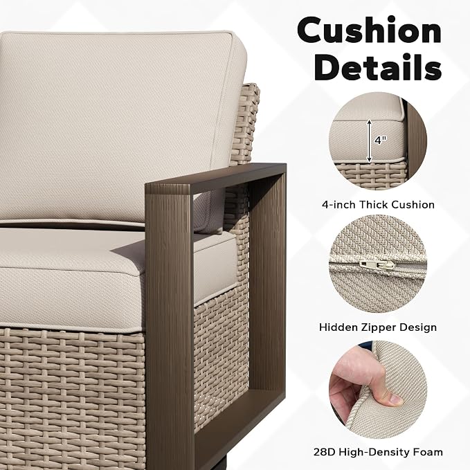 Joyside Outdoor Patio Swivel Rocker Chairs Set, 6 Pieces Wicker Rattan Chairs with Metal Wide Armrest, Thick Cushions and Deep Seating for Garden, Backyard, Porch, Deck