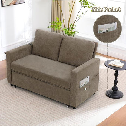 3 in 1 Folding Convertible Sleeper Sofa Bed Pull Out Couch with USB Port Side Pockets Side Table Loveseat Sofa Bed with Adjustable Backrest for Living Room Bedroom Office 66" Darkbrown 2 SEAT