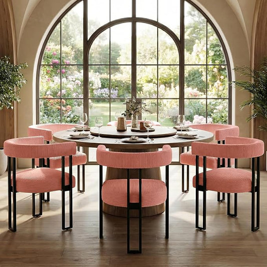 VIRRMO Boucle Dining Chair Set of 6 Corduroy Upholstered Dining Room Chairs Kitchen Chairs with Metal Legs Mid Century Modern Chair for Dining Room, Kitchen (Pink, 6)