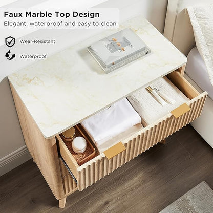 T4TREAM Fluted 3 Drawers Nightstand Set of 2, Oversized Extra Large Modern Side Table with Faux Marble Top, End Table Bedside for Bedroom, Living Room, Curved Profile Design, Natural Oak