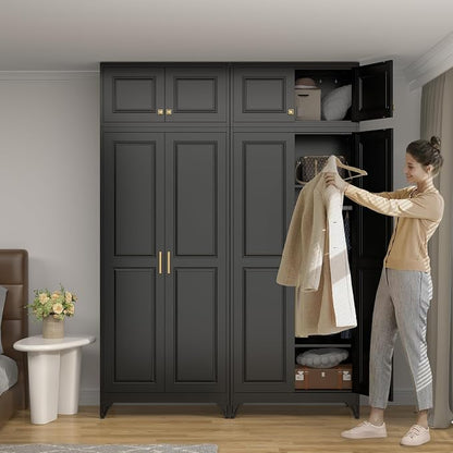 UNICOLY 86.6" Amoire Wardrobe Closet, 71" Wardrobe Cabinet with 15.74" Cabinet, Metal Closets with Hanging Rod for Bedroom School, Employee, Gym, Armarios De Ropa para Domitorio, Black